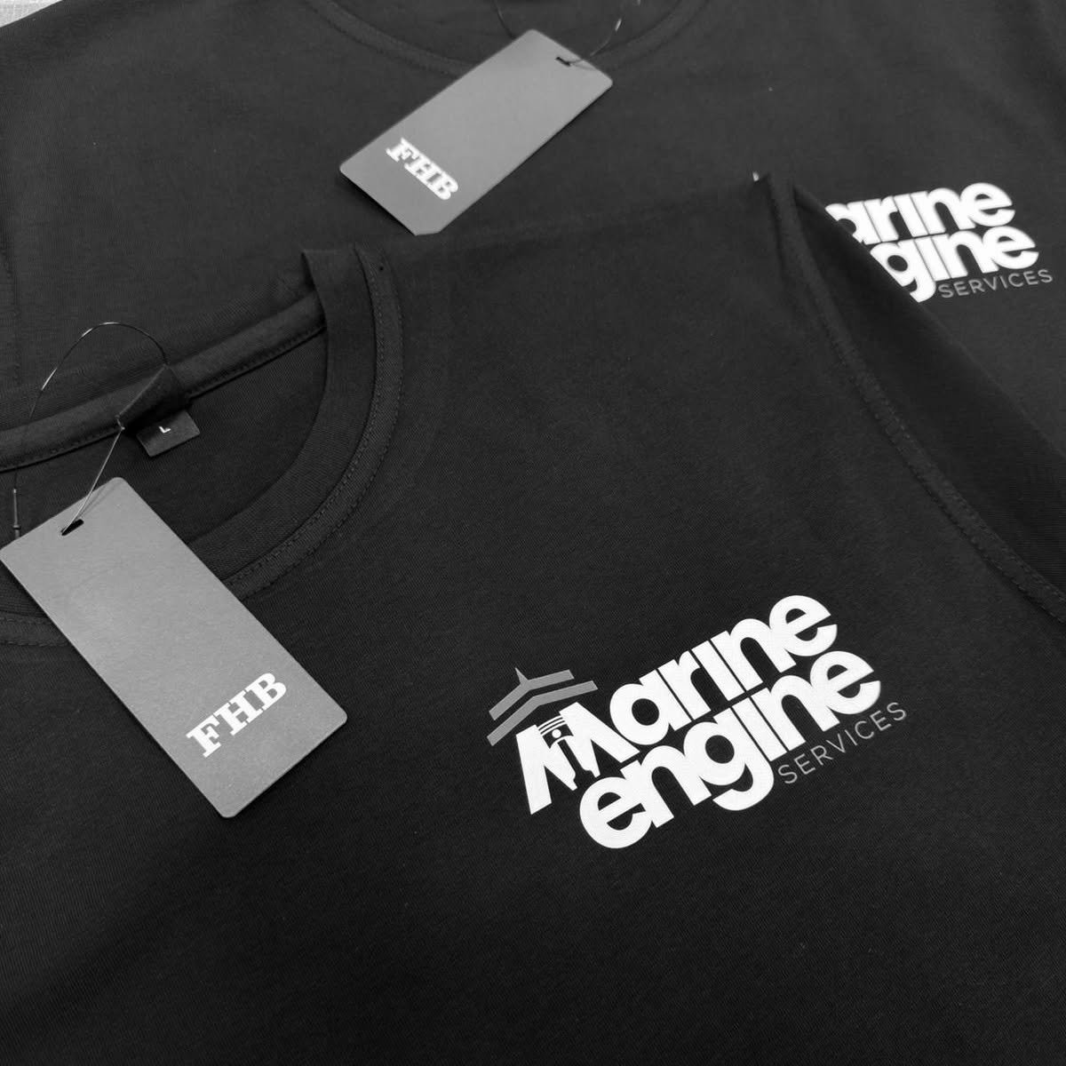 Marine Engine Services logo bedrukt op zwarte FHB t-shirts