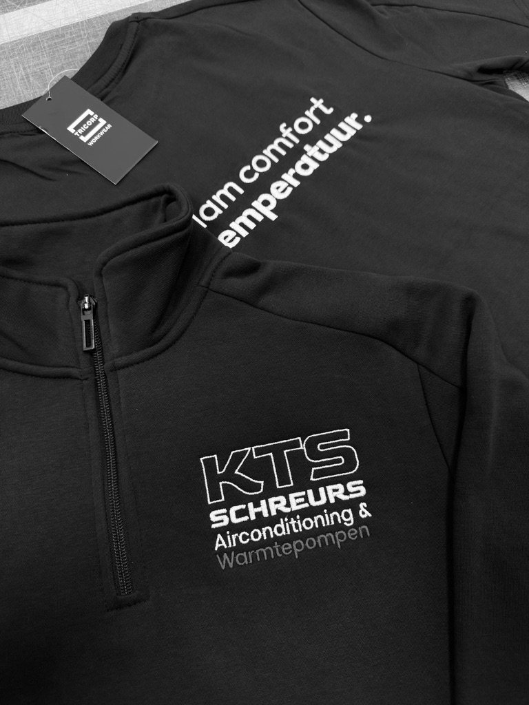 KTS Schreurs airconditioning en warmtepompen logo geborduurd op donkerblauwe Tricorp sweater
